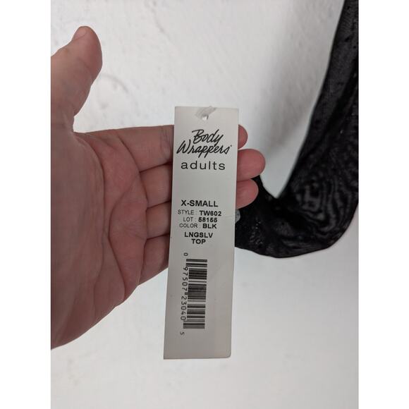 NWT Body Wrappers Dance Top XS Black Silver Sequins Mesh Sheer Long Sleeve Crop - Picture 2 of 4